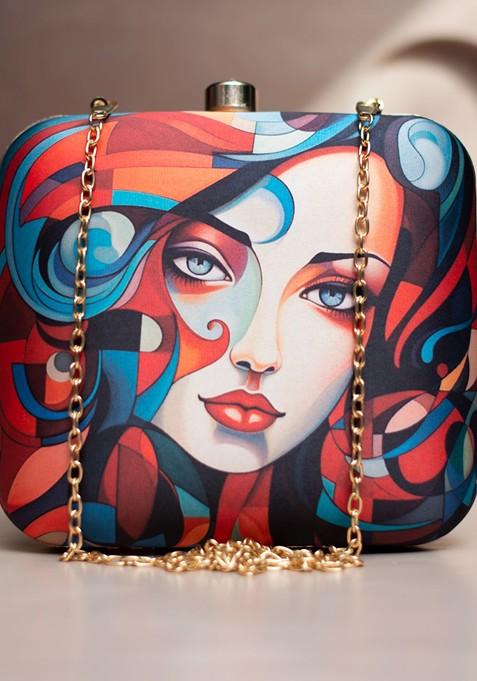 Blue Fabric Printed Box Clutch