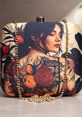 Cream Fabric Graphic Printed Box Clutch