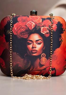 Red Fabric Floral Printed Box Clutch