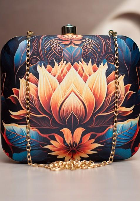 Blue Fabric Printed Box Clutch