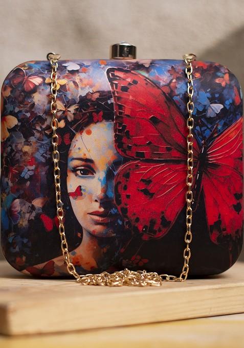 Blue Fabric Floral Printed Box Clutch