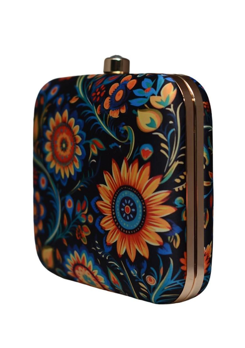 Navy Blue Fabric Floral Printed Box Clutch - Indya