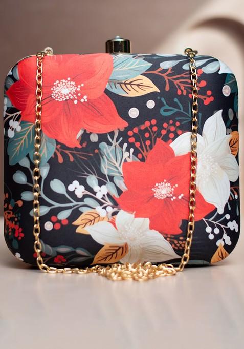 Black Fabric Printed Box Clutch