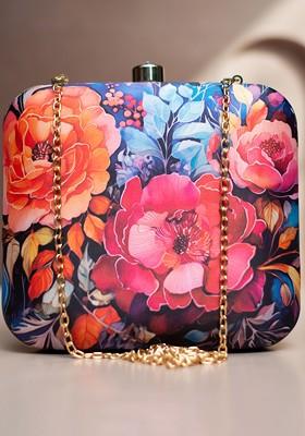 Blue Fabric Floral Printed Box Clutch