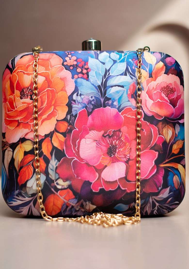 Blue Fabric Floral Printed Box Clutch - Indya