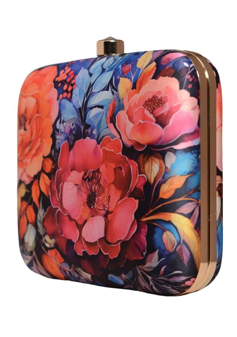 Blue Fabric Floral Printed Box Clutch - Indya