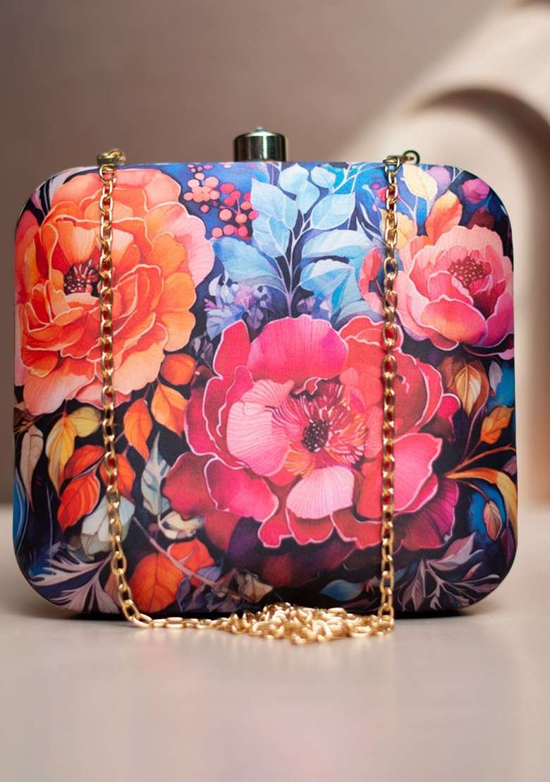 Blue Fabric Floral Printed Box Clutch - Indya
