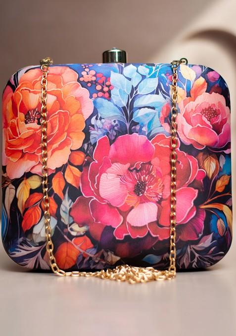 Blue Fabric Floral Printed Box Clutch
