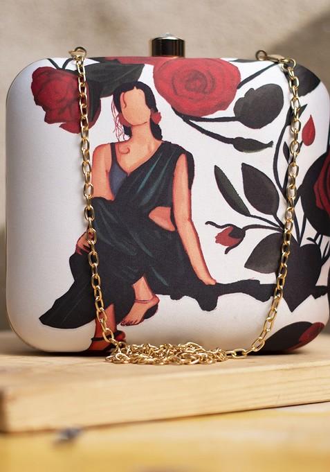 White Fabric Floral Printed Box Clutch