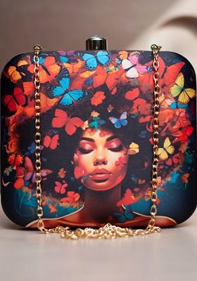 Blue Fabric Floral Printed Box Clutch