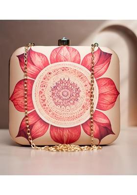 Peach Fabric Floral Printed Box Clutch