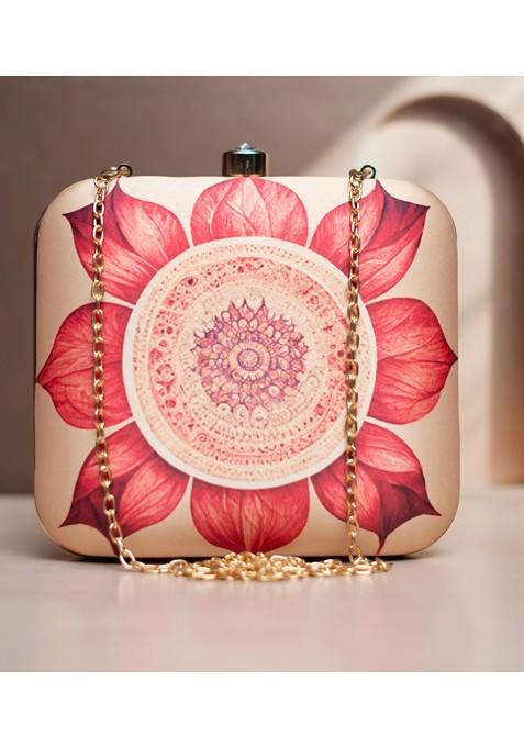 Peach Fabric Floral Printed Box Clutch