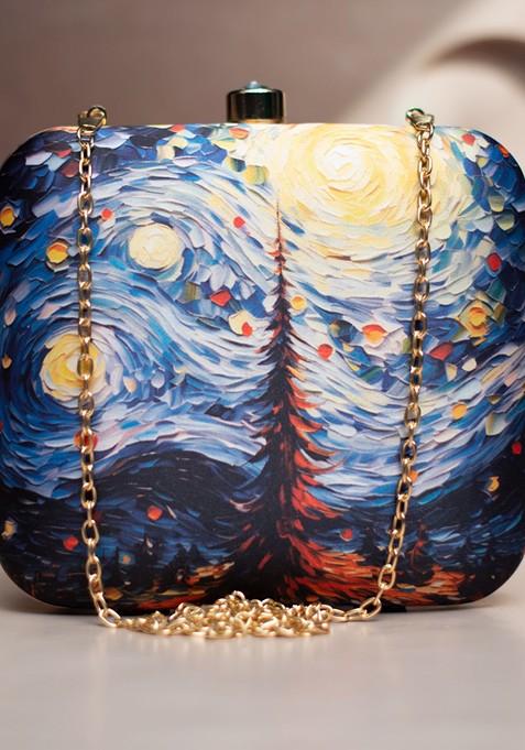 Blue Fabric Printed Box Clutch