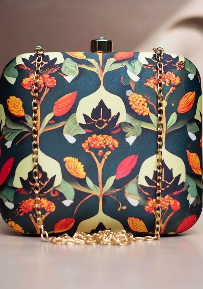 Green Fabric Floral Printed Box Clutch - Indya