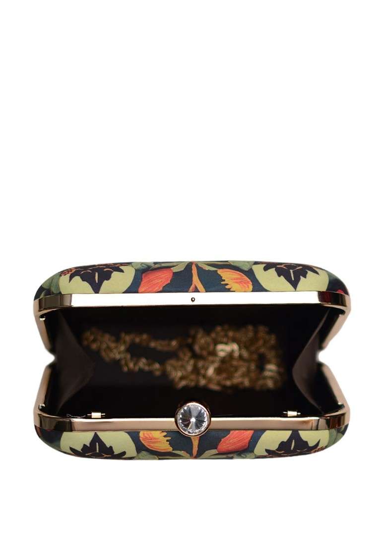 Green Fabric Floral Printed Box Clutch - Indya