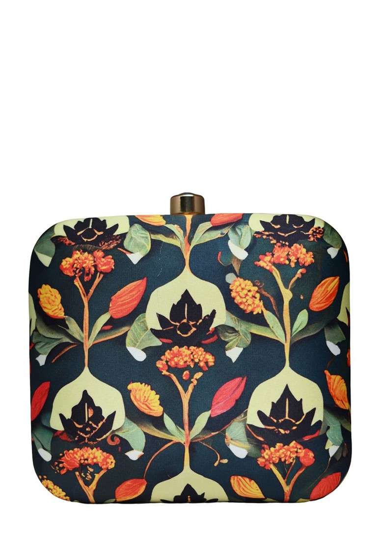 Green Fabric Floral Printed Box Clutch - Indya