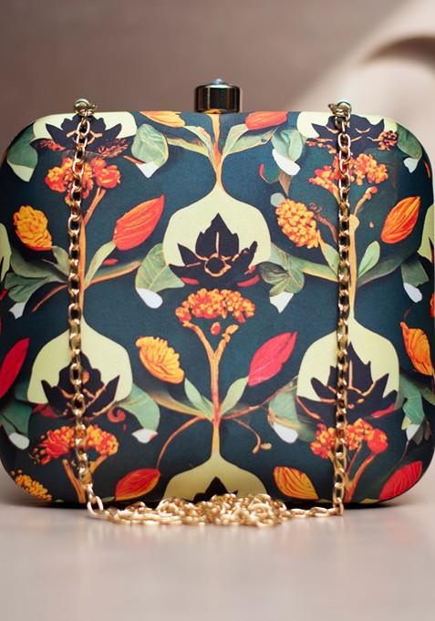 Green Fabric Floral Printed Box Clutch