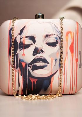 Peach Fabric Printed Box Clutch