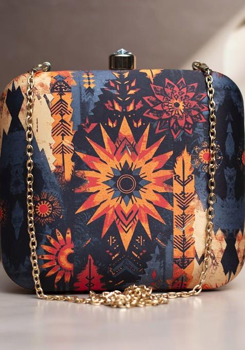 Black Fabric Printed Box Clutch