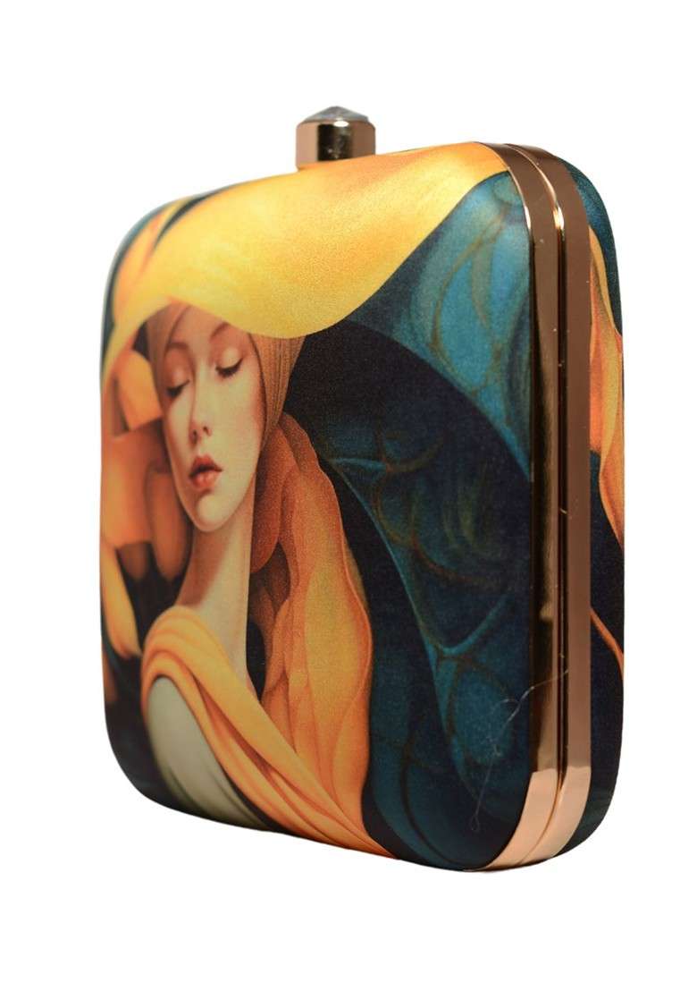 Yellow Fabric Printed Box Clutch - Indya
