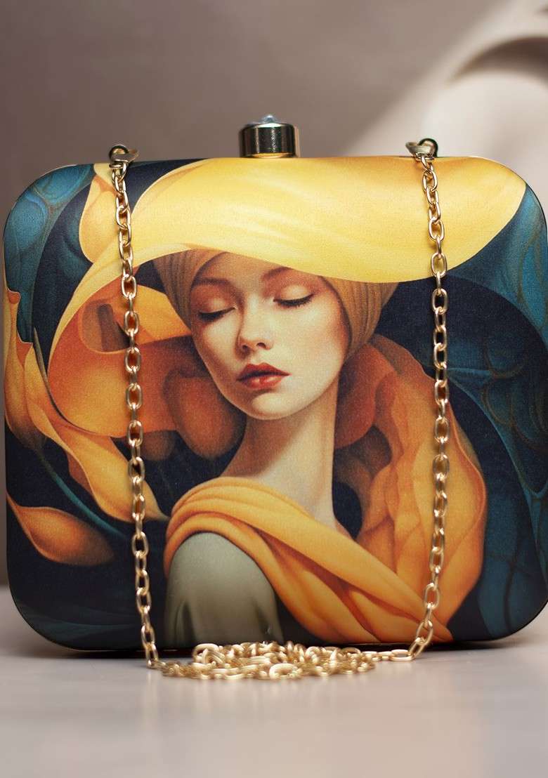 Yellow Fabric Printed Box Clutch - Indya