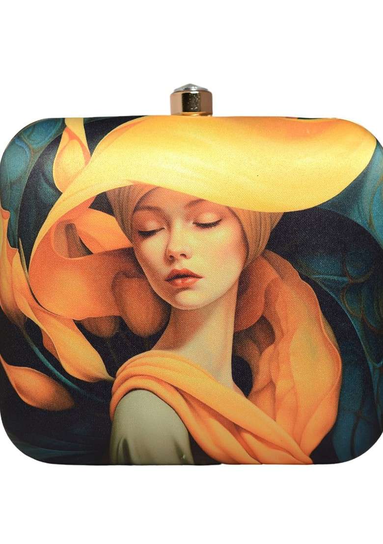 Yellow Fabric Printed Box Clutch - Indya