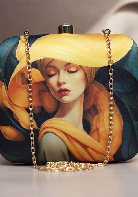 Yellow Fabric Printed Box Clutch