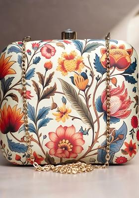 White Fabric Floral Printed Box Clutch