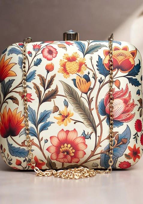 White Fabric Floral Printed Box Clutch