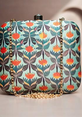 Green Fabric Floral Printed Box Clutch