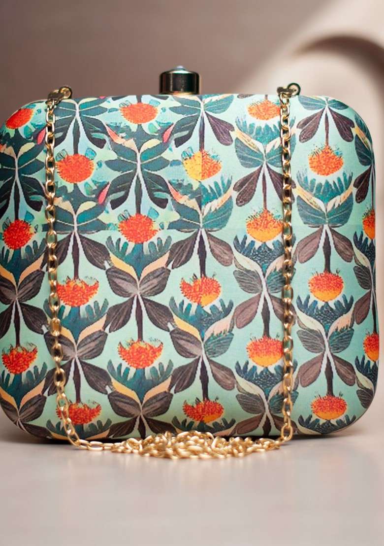 Green Fabric Floral Printed Box Clutch - Indya
