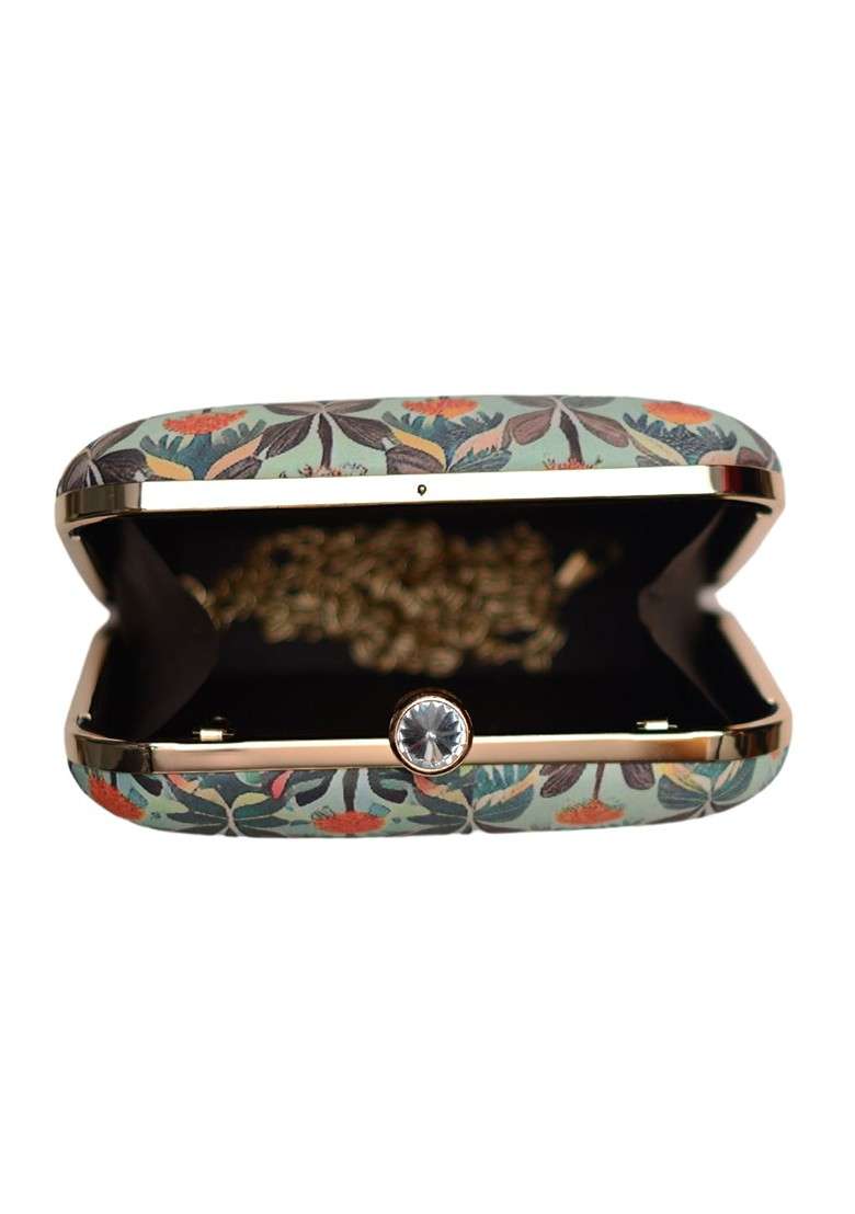 Green Fabric Floral Printed Box Clutch - Indya