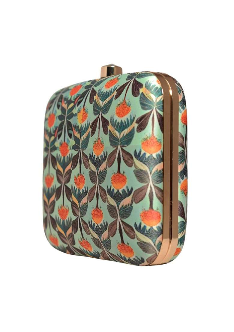 Green Fabric Floral Printed Box Clutch - Indya