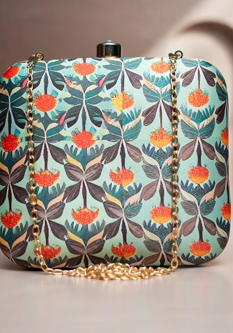 Green Fabric Floral Printed Box Clutch