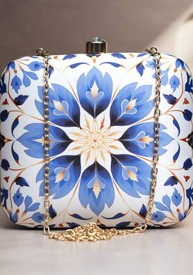 White Fabric Graphic Printed Box Clutch