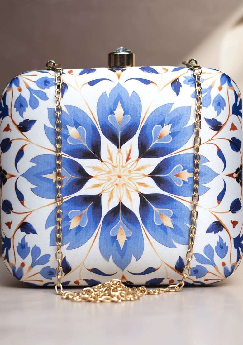 White Fabric Graphic Printed Box Clutch - Indya