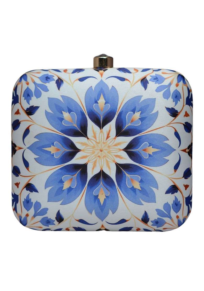 White Fabric Graphic Printed Box Clutch - Indya