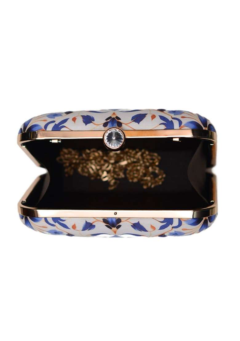 White Fabric Graphic Printed Box Clutch - Indya