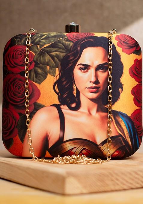 Orange Fabric Gal Gadot Printed Box Clutch