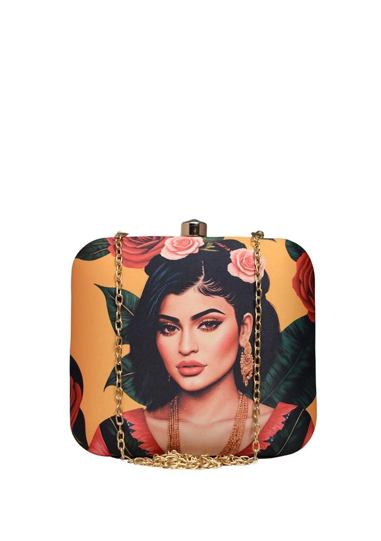 Orange Fabric Kylie Jenner Printed Box Clutch - Indya