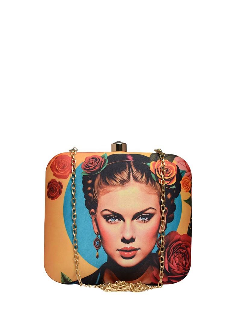 Orange Fabric Taylor Swift Printed Box Clutch - Indya