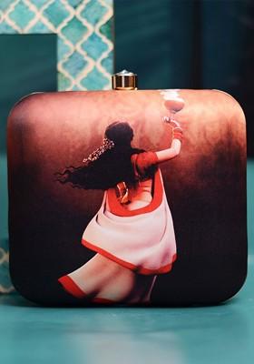 Brown Fabric Printed Box Clutch