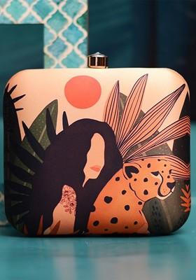 Cream Fabric Printed Box Clutch