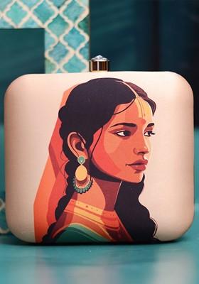 Cream Fabric Printed Box Clutch