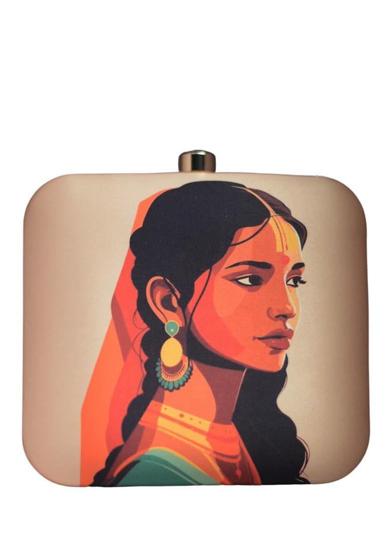 Cream Fabric Printed Box Clutch - Indya