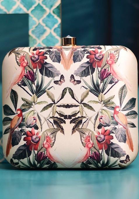 Pink Fabric Printed Box Clutch