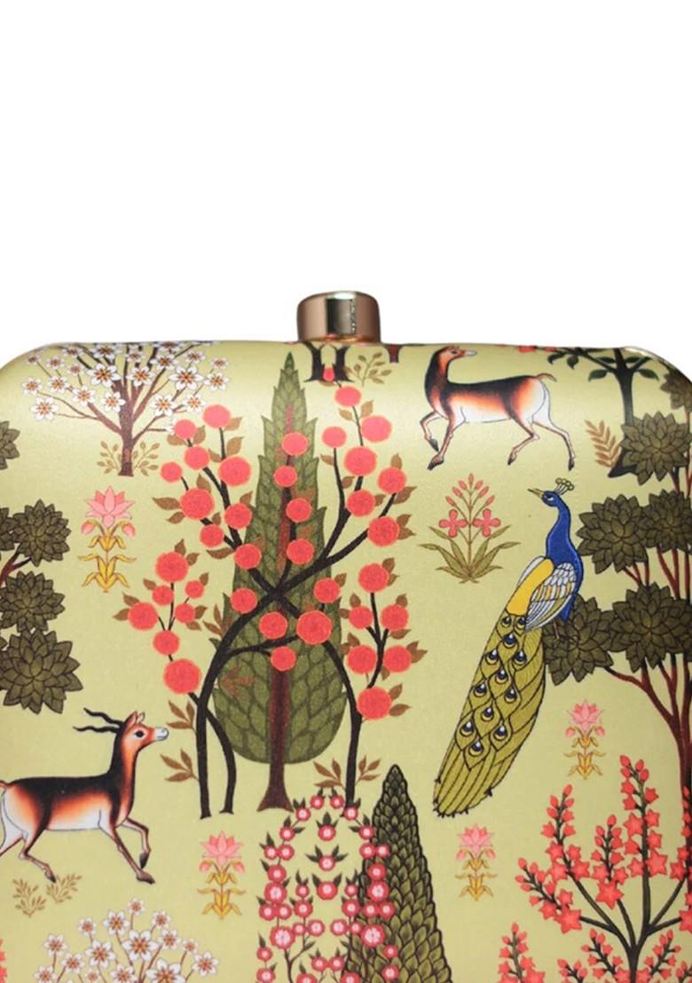 Cream Fabric Printed Box Clutch - Indya