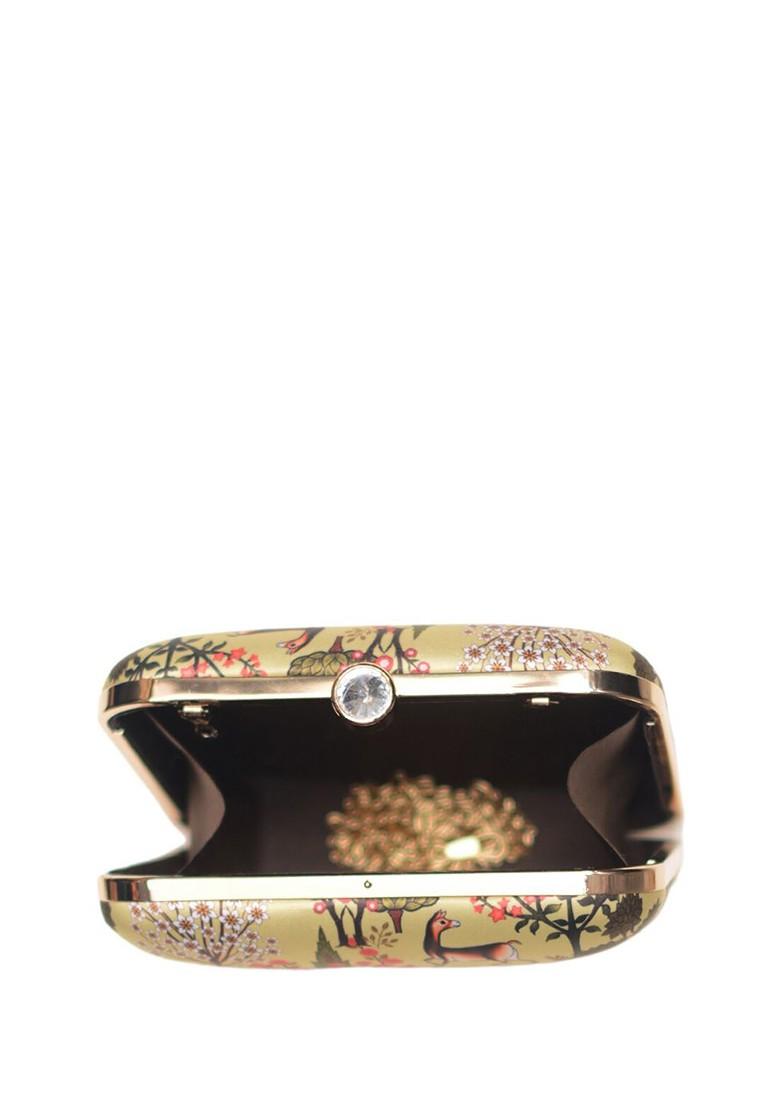 Cream Fabric Printed Box Clutch - Indya