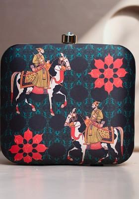 Blue Fabric Ethnic Motifs Printed Box Clutch