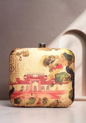 Cream Fabric Ethnic Motifs Printed Box Clutch